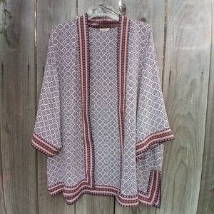 MAX STUDIO Kimono Womens Sz L/XL Red Floral Open Front Polyester 3/4 Sleeve